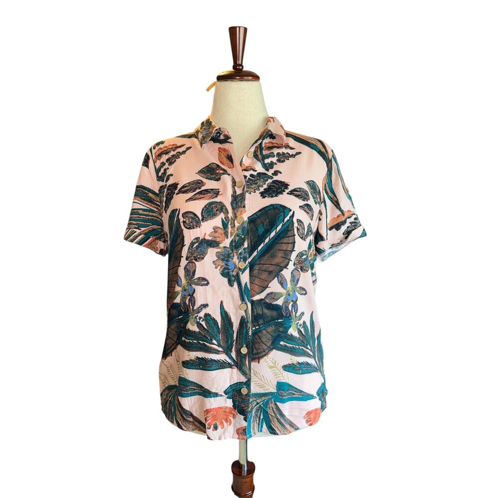 Naturals d&co | Tropical Palm Print Button-Up Shirt | Cuffed Sleeve |‎ XS
